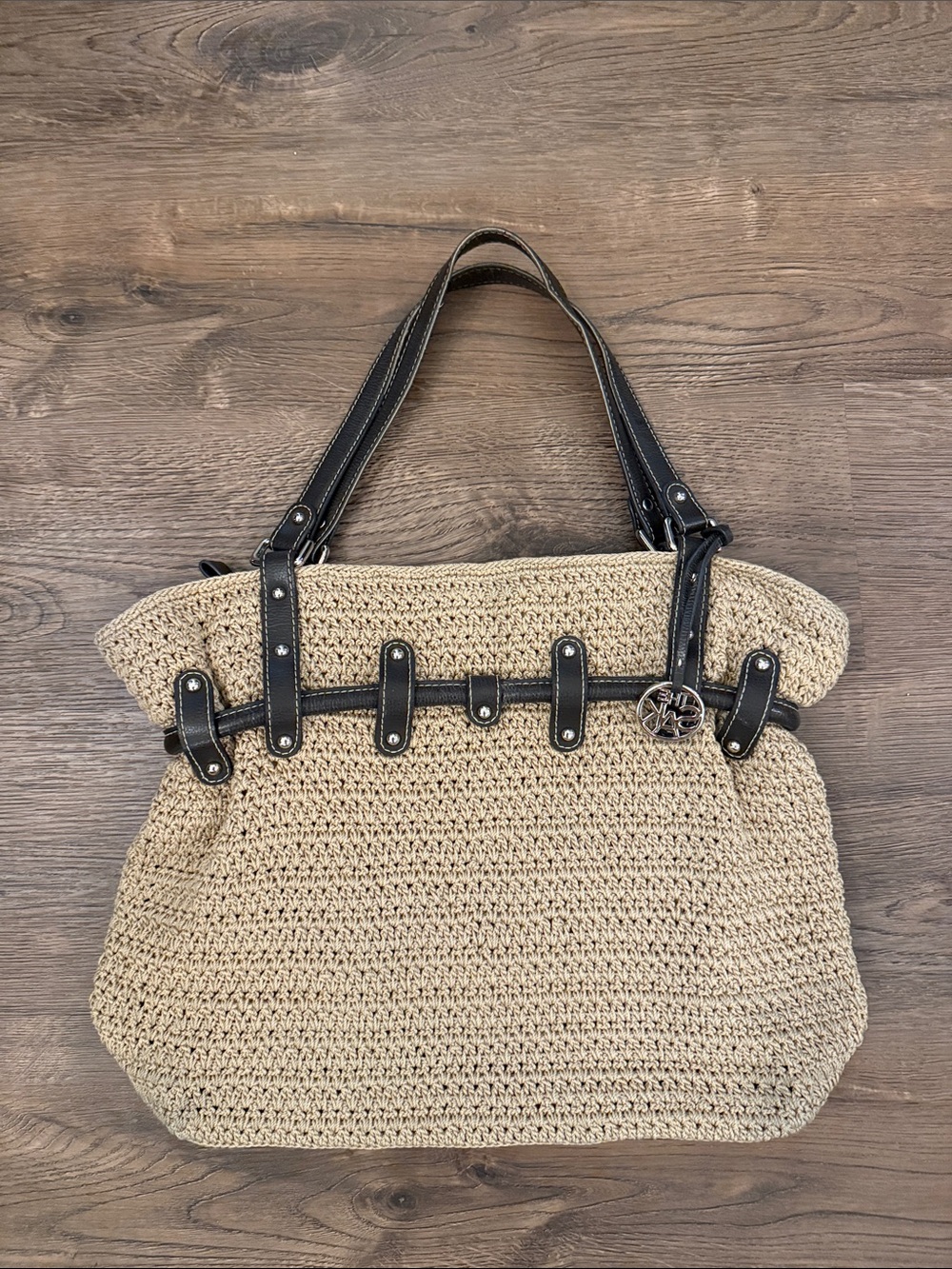 The Sak Beige Woven Tote with Brown Trim